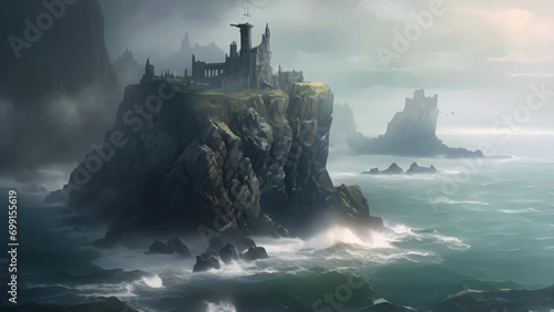 A mysterious fog shrouded island surrounded by crashing waves and vast expanses of Fantasy art concept. photo