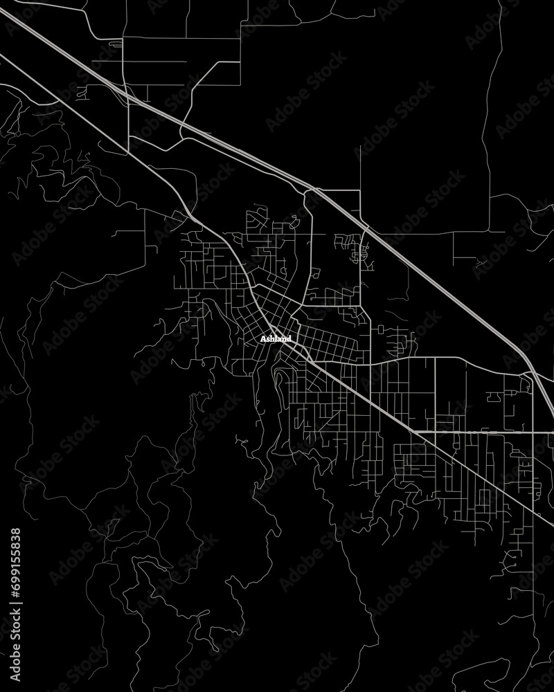 Ashland Oregon Detailed Dark Map