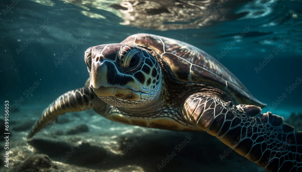 Fototapeta premium A majestic sea turtle swims gracefully in the underwater paradise generated by AI