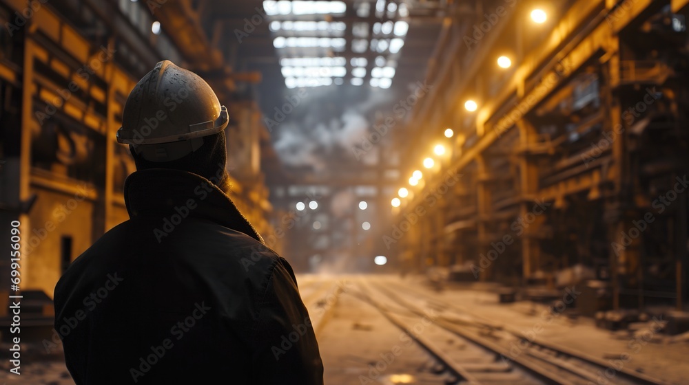 builder in hard hat looking at an industrial interior. Metal smelting plan