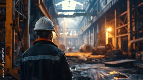 builder in hard hat looking at an industrial interior. Metal smelting plan