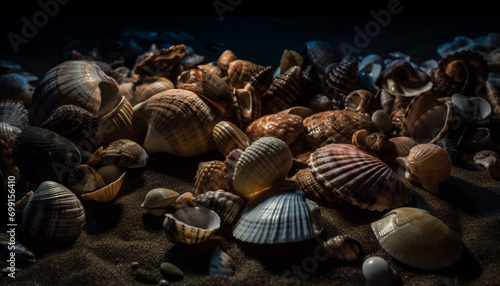 Nature close up backgrounds of sand, water, and animal shells generated by AI