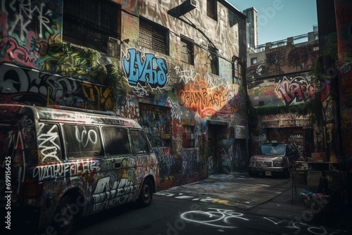 Graffiti-inspired city art with a message of peace, love, and life. Generative AI © Tanith