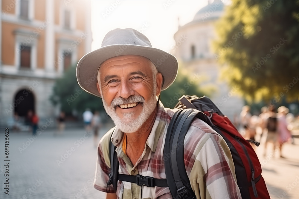 Smiling elderly man with backpack travels and discovers new places and cultures. Happy retirement, travel, vacation, trip, healthy active lifestyle. Generative AI