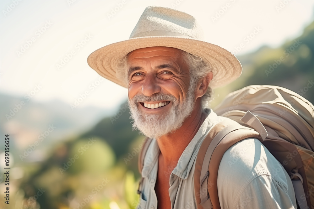 Smiling elderly man with backpack travels and discovers new places and cultures. Happy retirement, travel, vacation, trip, healthy active lifestyle. Generative AI