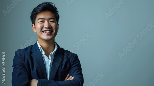 Business man, smile and arms crossed portrait in studio for corporate or CEO fashion while happy. Face of asian entrepreneur person copy space ad new isolated over bright white color background