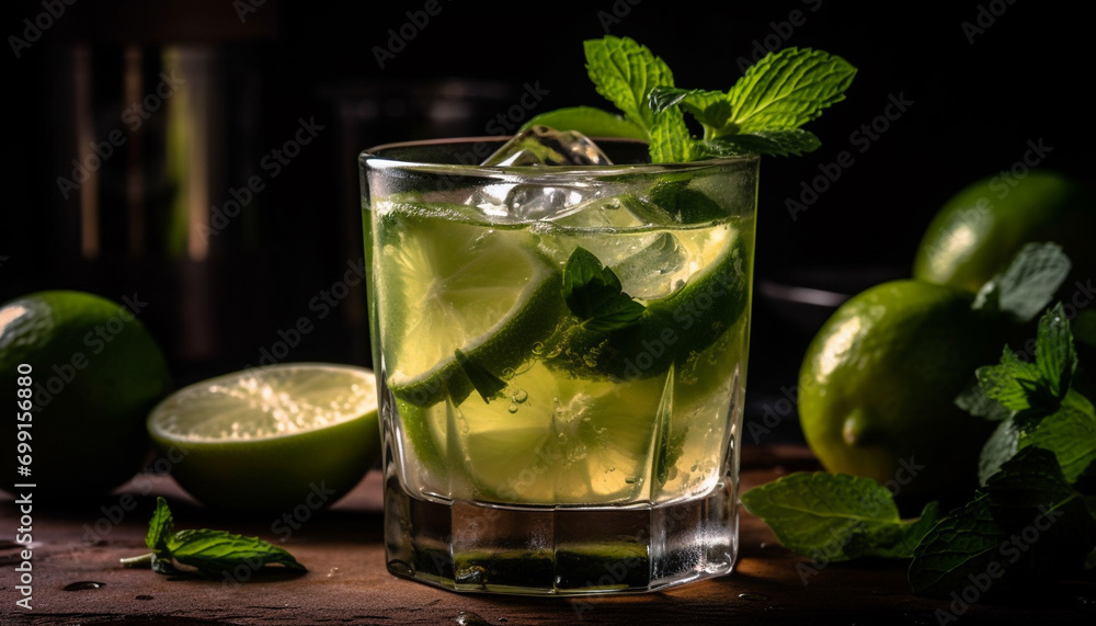 Mint leaf, culinary cocktail, ice, drink, freshness, lime, alcohol, mojito generated by AI Mint leaf, culinary cocktail, ice, drink, freshness, lime, alcohol, mojito generated by AI