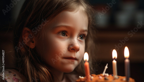 A cute girl smiling, holding a candle, celebrating her birthday generated by AI