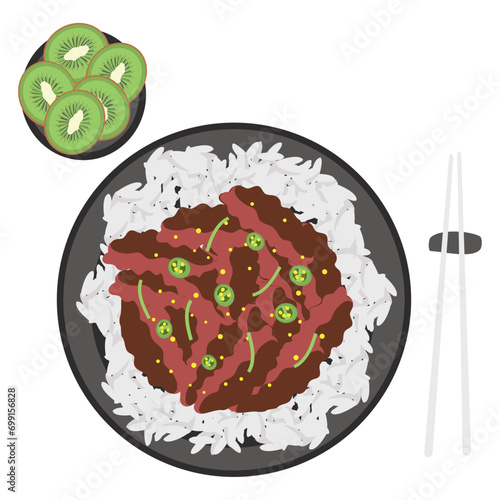 Korean Beef Bulgogi with portion of Fresh Kiwi concept, Neobiani slices or galbi, yakiniku vector icon design, delicious food symbol, authentic local dishes sign, domestic cuisine stock illustration photo