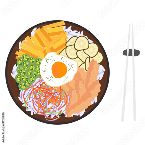 hot stone pot bibimbap concept, Korean bi bim bap or bi bim bop with a fried egg vector icon design, delicious food symbol, authentic local dishes sign, domestic cuisine stock illustration