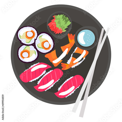 Nigiri or Sushi platter concept, 
white rice Nori or Narezushi vector icon design, delicious food symbol, authentic local dishes sign, domestic cuisine stock illustration