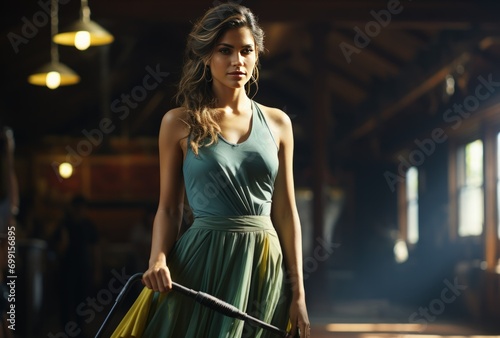 Mysterious Woman in Green and Gray Dress Holding an Item in Spacious Room photo