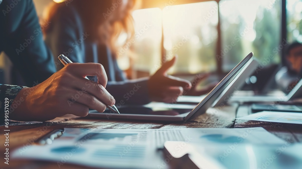 Business people brainstorming at office desk analyzing financial reports and pointing out financial data on a sheet Business people brainstorming at office desk analyzing financial reports and pointing out financial data on a sheet