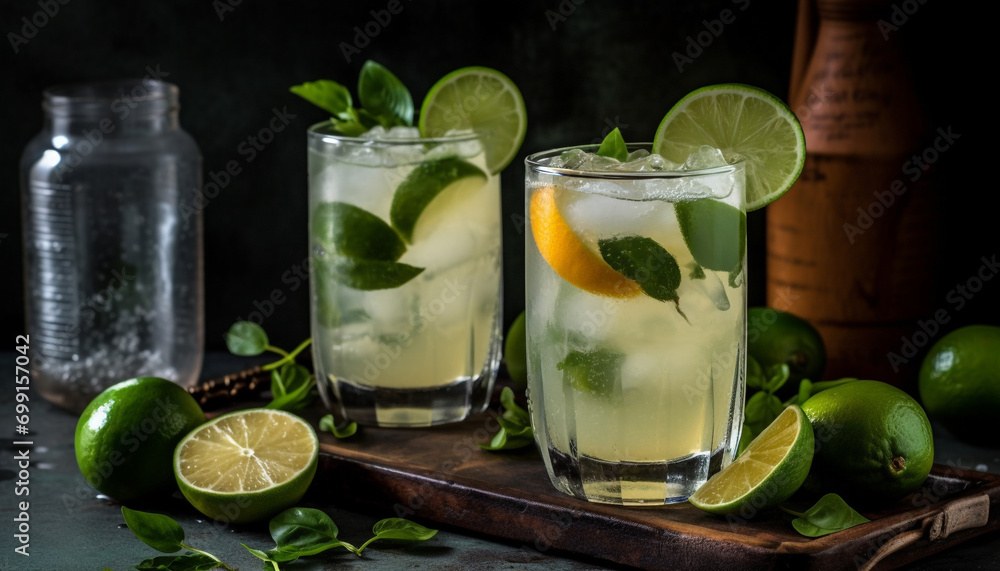 Fresh lime slice in a cocktail glass with ice and mint generated by AI