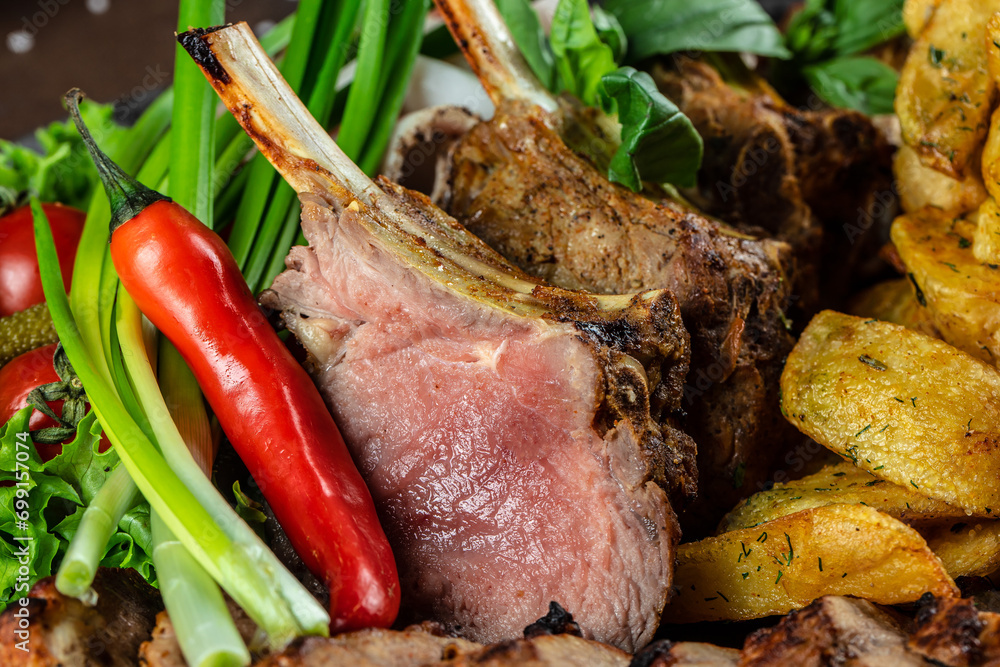 barbecue grill menu pork and chicken kebabs, veal loin, baked potatoes