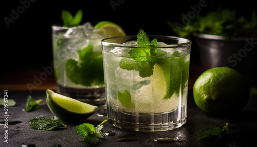 Refreshing mojito cocktail with lime, mint leaf, and citrus fruit generated by AI