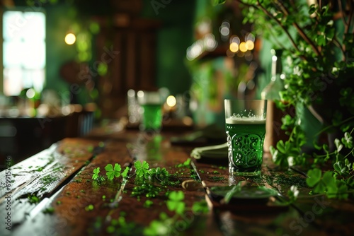 green glass of beer on the bar, drink, clover, St. Patrick's Day, national Irish holiday, pub, background