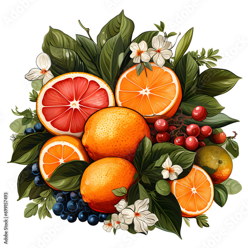 ornge fruit and leaf design element Citrus slice on png background.