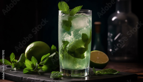 Refreshing mojito cocktail with mint leaf, lime, and citrus fruit generated by AI
