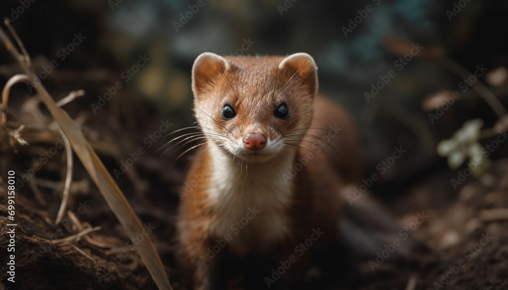 Cute mammal sitting outdoors, looking at camera, fluffy fur, small generated by AI Cute mammal sitting outdoors, looking at camera, fluffy fur, small generated by AI