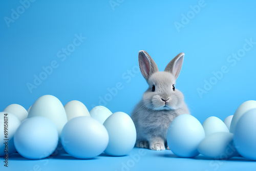 Cute bunny and easter eggs on blue background. Concept and idea of happy easter day © olyphotostories