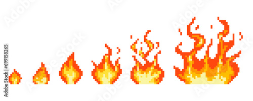 Stages of pixel fire ignition, combustion stages of a large fire. Steps of pixel flame ignition, small bonfire turning into a wall of fire, consequences of explosion.