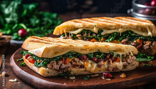 Grilled beef sandwich on toasted ciabatta with fresh vegetables and homemade sauce generated by AI