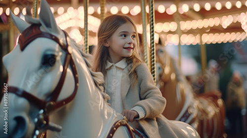 Close-up of Children joyfully riding a vintage carousel adorned with festive lights