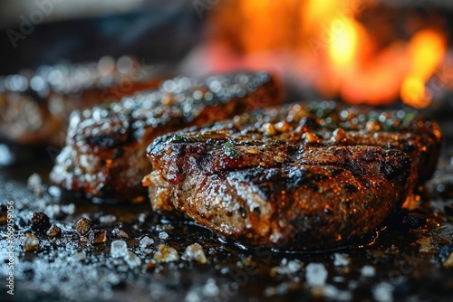 Large juicy beef rib eye steak on a hot grill photo