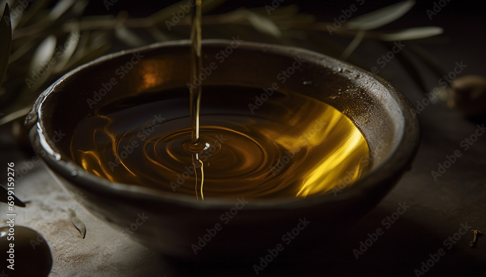 Pouring golden olive oil into a fresh, organic, gourmet bowl generated by AI Pouring golden olive oil into a fresh, organic, gourmet bowl generated by AI