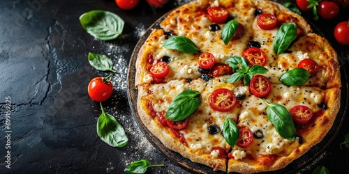 Delicious homemade pizza on black wooden table