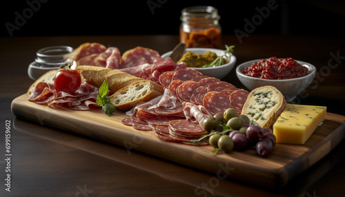 A rustic wood table with a variety of gourmet meats generated by AI
