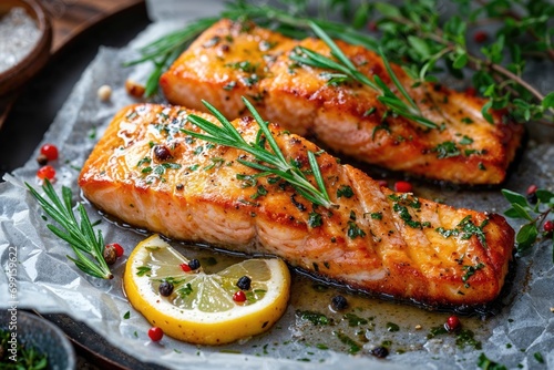 Tasty and fresh cooked salmon fish fillet with lemon and rosemary photo