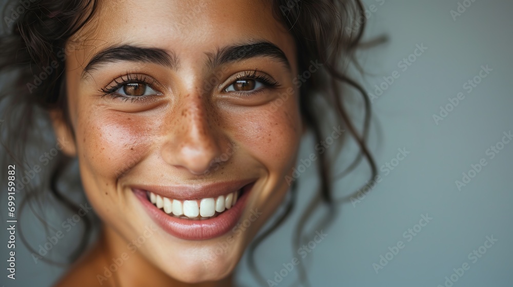 Close up face of young woman with beautiful smile isolated on grey wall with copy space. Successful multiethnic girl Close up face of young woman with beautiful smile isolated on grey wall with copy space. Successful multiethnic girl