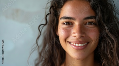 Close up face of young woman with beautiful smile isolated on grey wall with copy space. Successful multiethnic girl