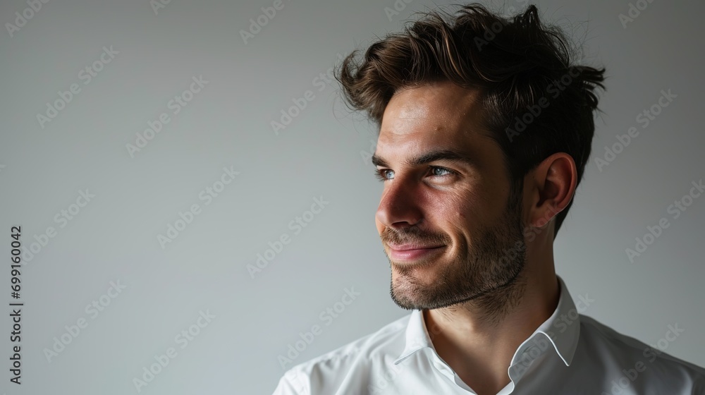 Fototapeta premium Close-up of confident businessman in white shirt, looking left and smiling satisfied, standing over white background