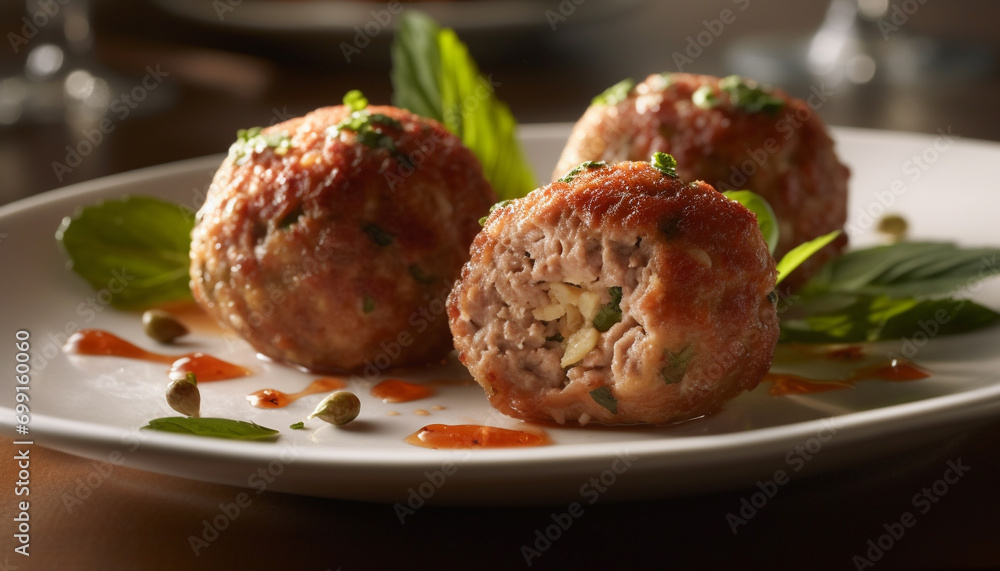Freshness and gourmet meatball appetizer on a homemade vegetarian plate generated by AI - obrazy, fototapety, plakaty 