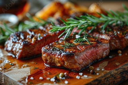 Grilled medium rib eye steak with rosemary and tomato photo