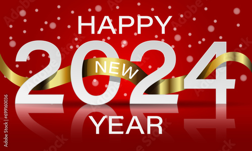 Happy New Year 2024 white paper number golden ribbon curve on red design for holiday festival celebration countdown background vector