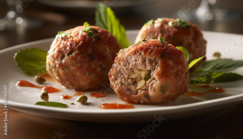 Freshness and gourmet meatball appetizer on a homemade vegetarian plate generated by AI photo