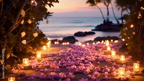 A mesmerizing image of a pathway embellished with fairy lights and fragrant flower petals, winding towards a tranquil spot by the ocean, beckoning for a romantic escape. photo