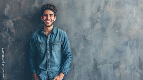 Confidence and business concept. Portrait of charming successful young entrepreneur in blue-collar shirt, smiling broadly with self-assured expression while holding hands in pockets over gray photo