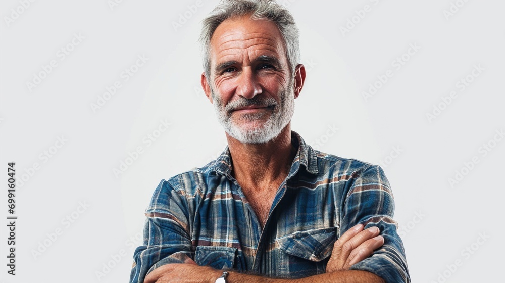 Confident caucasian middle-aged man in casual clothes with his arms crossed isolated over white background - obrazy, fototapety, plakaty 