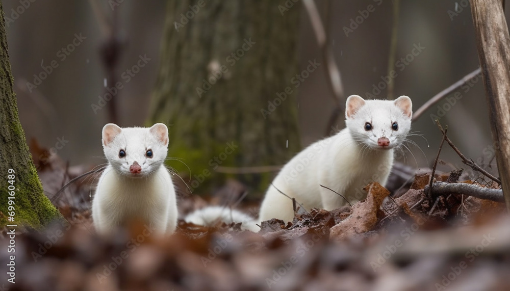 Cute kitten sitting on branch, looking at camera in forest generated by AI Cute kitten sitting on branch, looking at camera in forest generated by AI
