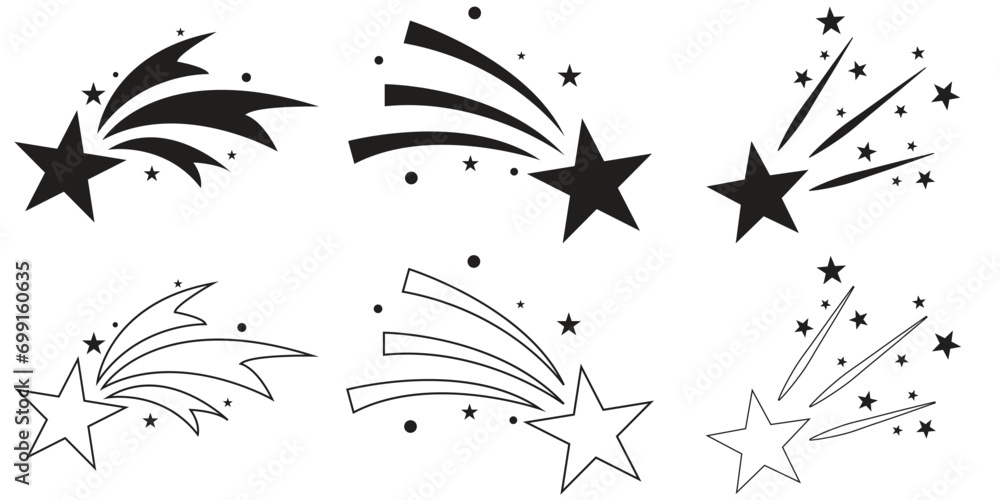 Obraz premium Shooting star. Shooting stars with tails icons, falling meteor, abstract fantasy galaxy element, decorative night sky object silhouette. Vector isolated set