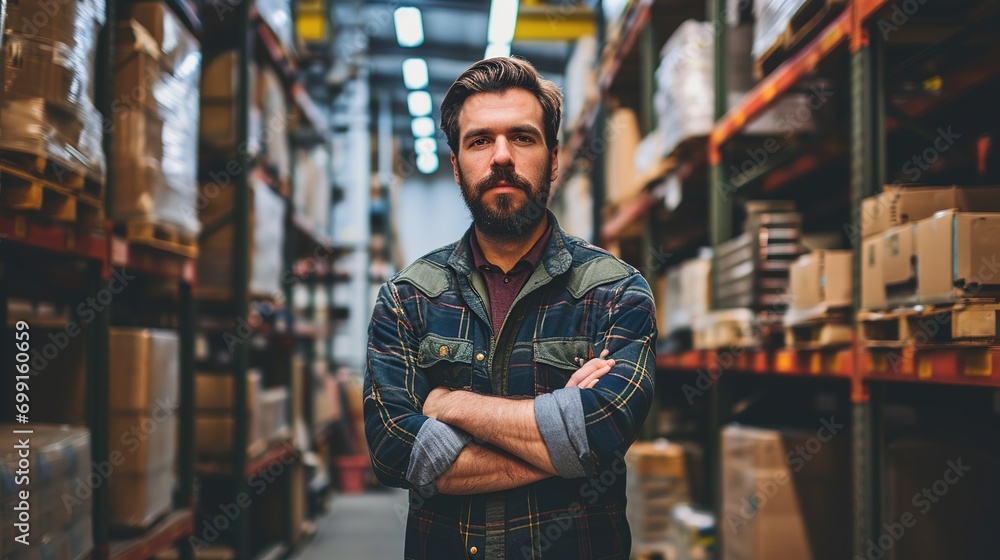 confident worker standing arms crossed in distribution warehouse confident worker standing arms crossed in distribution warehouse
