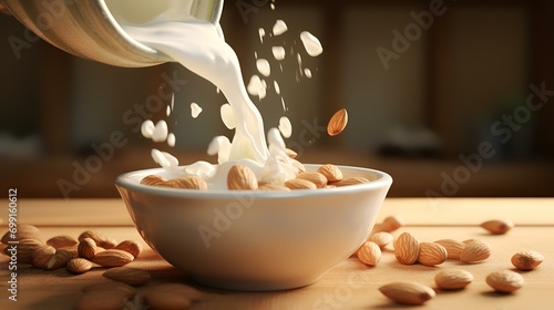 Milk pouring into bowl with almonds on wooden table, closeup photo