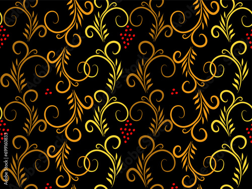 Seamless black and yellow doodle pattern with ethnic floral pattern