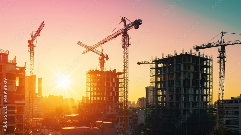 construction worker control in the construction of roof structures on construction site and sunset background