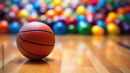 close-up of a basketball sitting on a wooden basketball court against blurred background with multicolored, rainbow balls. photo
